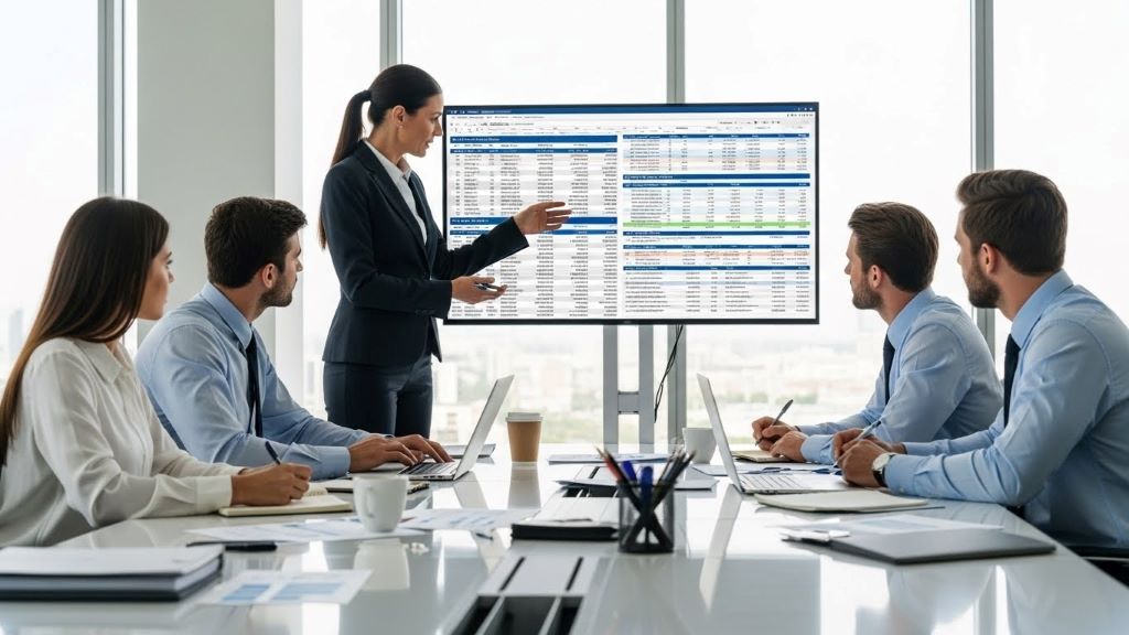 Professional accounting team meeting led by accounting manager discussing financial statements and budget reports