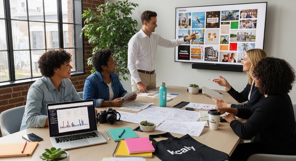 Social media content creator collaborating with brand team during storytelling campaign