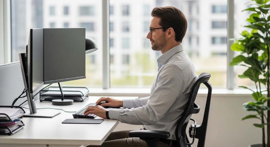 Worker maintaining proper posture at ergonomic desk setup with correct monitor and keyboard positioning