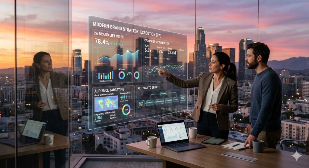 Modern digital branding concept in CA showing online marketing charts, campaign optimization, and business growth strategy visuals
