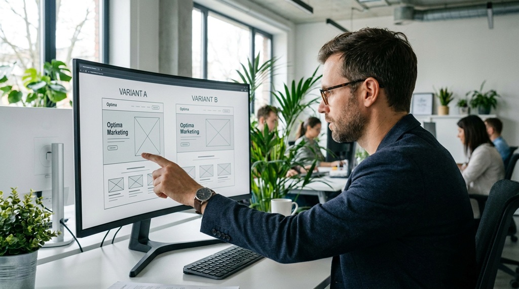 A male marketer comparing two landing page design variations on a desktop monitor.