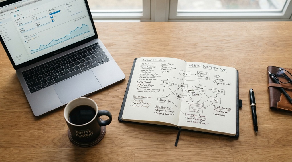 Analyzing a website network diagram and domain metrics at a desk.