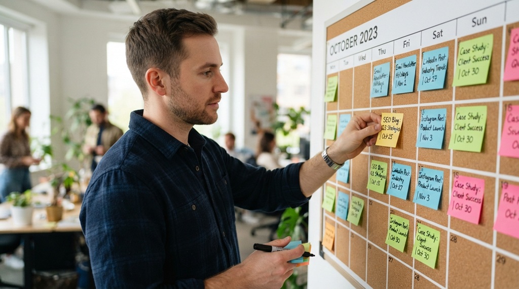 A man organizing color-coded post titles on a wall calendar board.