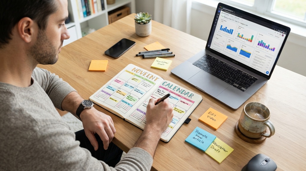 A man planning articles on a colorful content calendar next to a laptop.