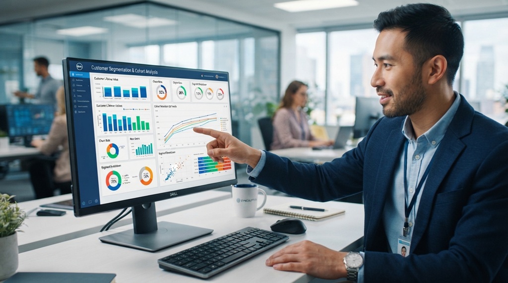 A male analyst pointing at a digital dashboard with customer data.