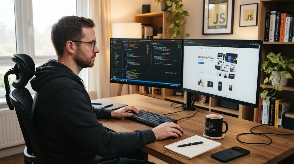 A man designing a fast responsive website layout on modern computer monitors.