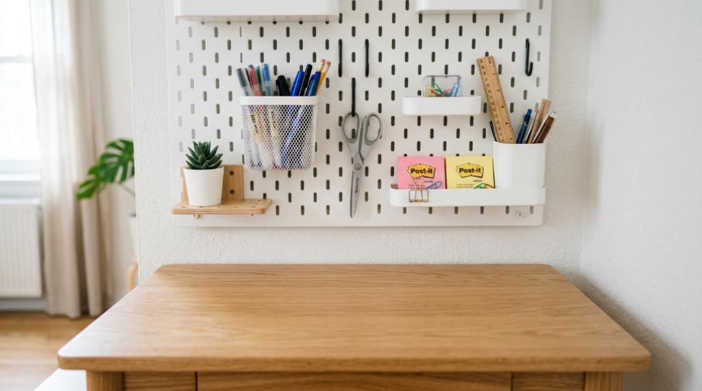 Wall-mounted pegboard holding office supplies above a tidy small desk.