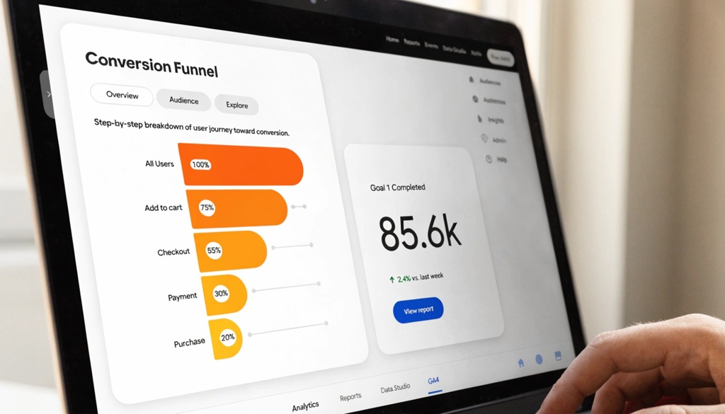 A laptop screen displaying a Google Analytics 4 goal conversion tracking setup.