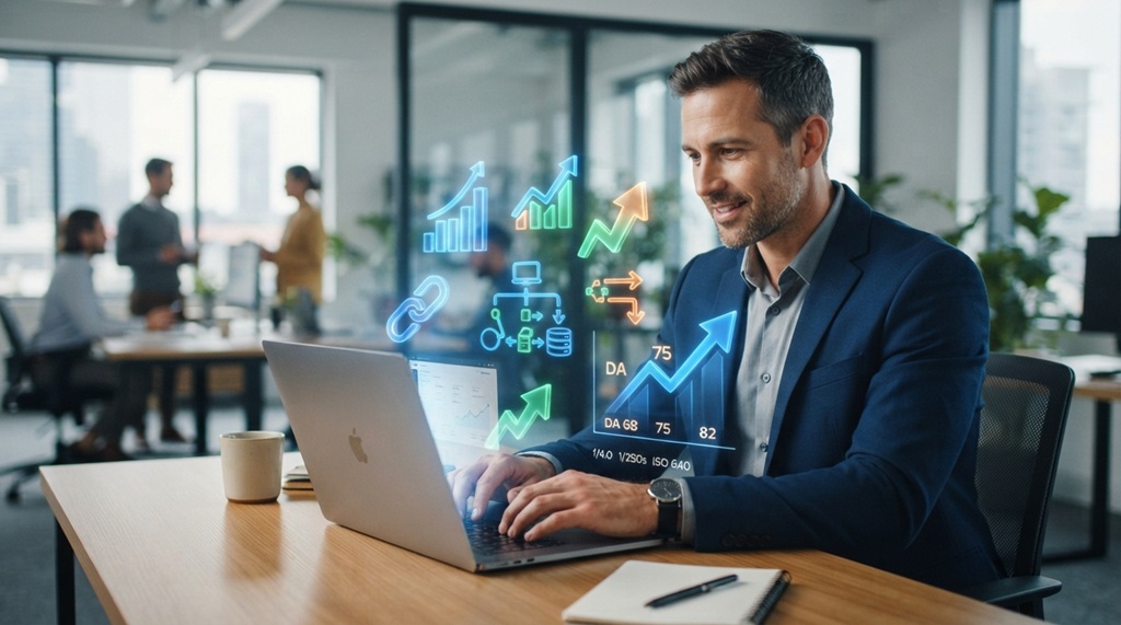 A man using a laptop showing domain authority analytics and backlink growth metrics.