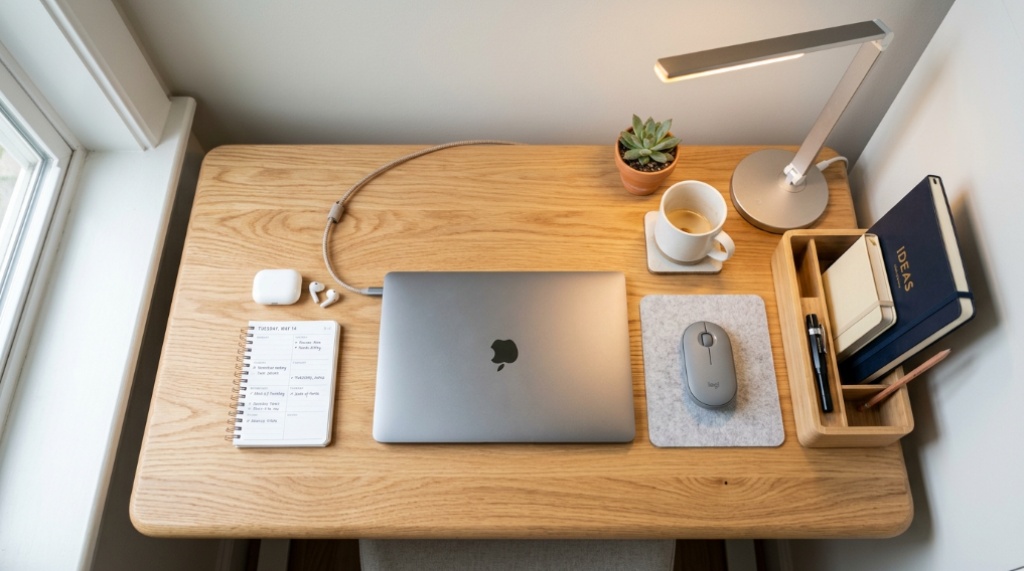 Minimalist small desk organized with a compact laptop, sleek lamp, and tidy stationery holder.