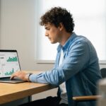 A man reviewing a Google Analytics 4 goal tracking dashboard on a laptop.