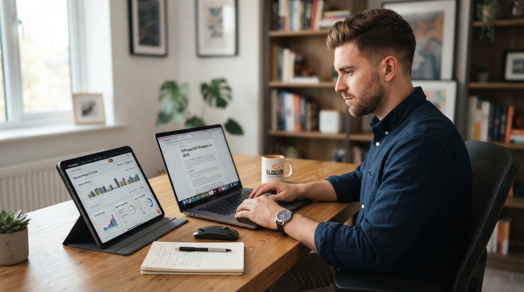 A male writer creating blog content on a laptop while analyzing keyword strategy charts.
