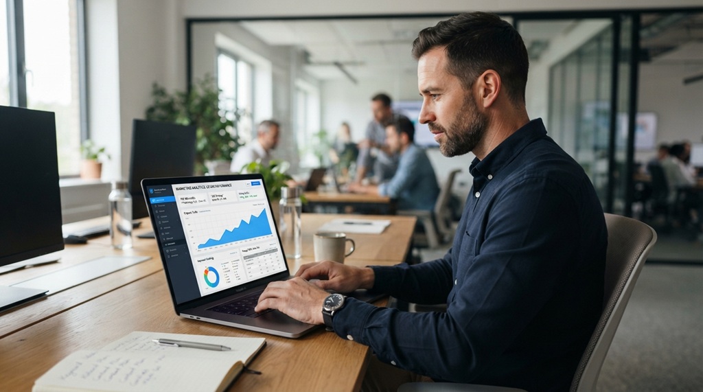 A man typing on a laptop analyzing keyword research and website traffic charts.