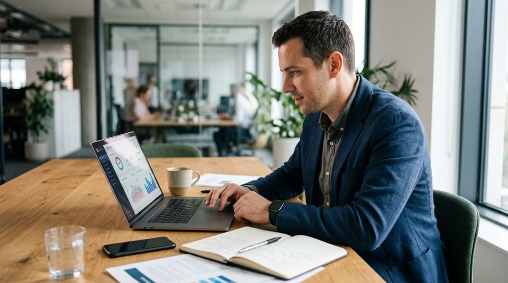 A male marketer sitting at a desk reviewing online marketing case studies on his laptop.