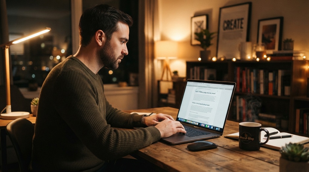 A man typing on a laptop screen featuring structured blog post paragraphs.