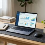 A laptop on a modern desk showing marketing analytics charts and growth data graphs.